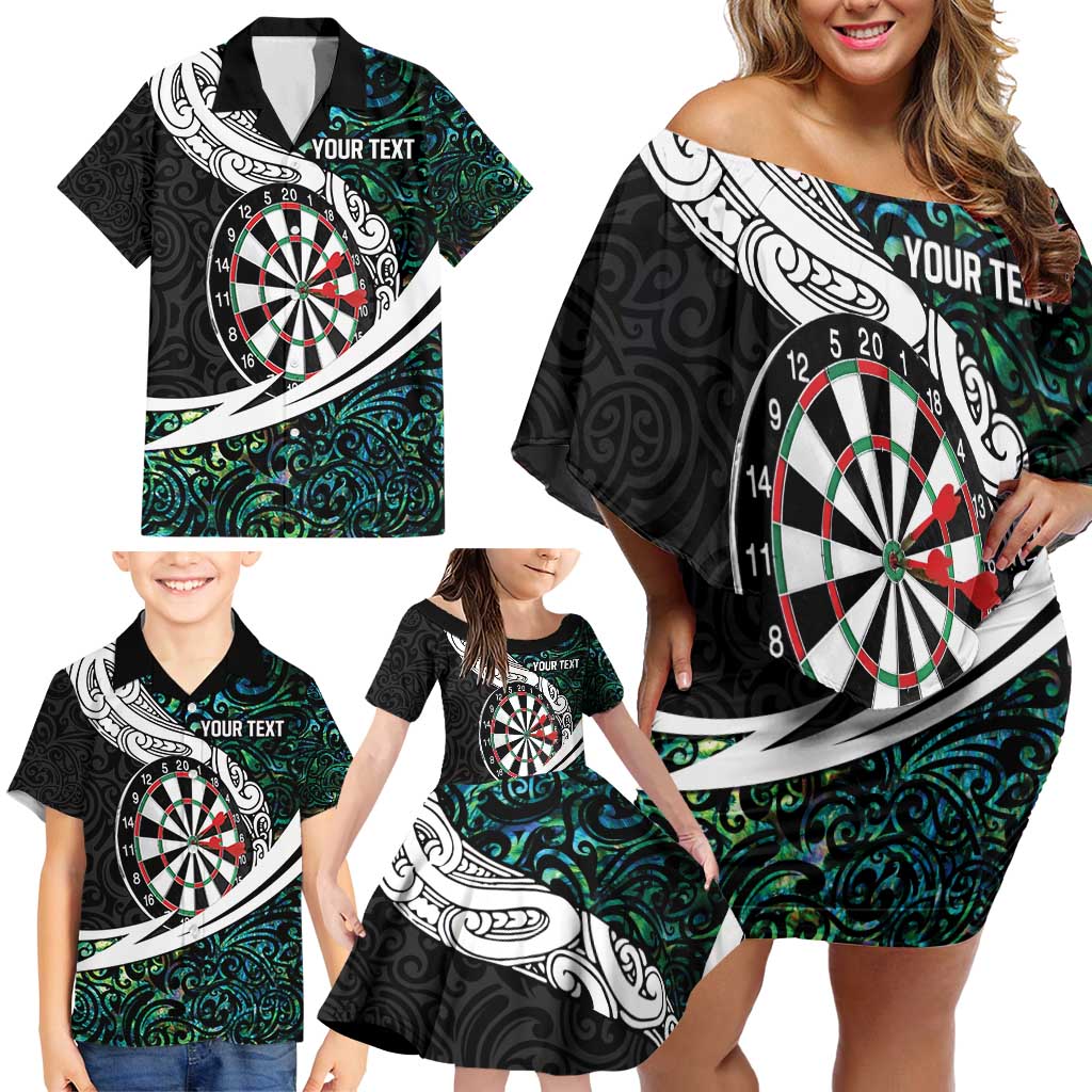 Personalized NZ Darts Family Matching Off Shoulder Short Dress and Hawaiian Shirt Paua Shell Maori Koru Whakairo - Polynesian Pride