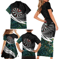 Personalized NZ Darts Family Matching Short Sleeve Bodycon Dress and Hawaiian Shirt Paua Shell Maori Koru Whakairo - Polynesian Pride