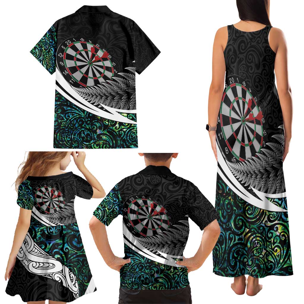 Personalized NZ Darts Family Matching Tank Maxi Dress and Hawaiian Shirt Paua Shell Maori Koru Whakairo - Polynesian Pride
