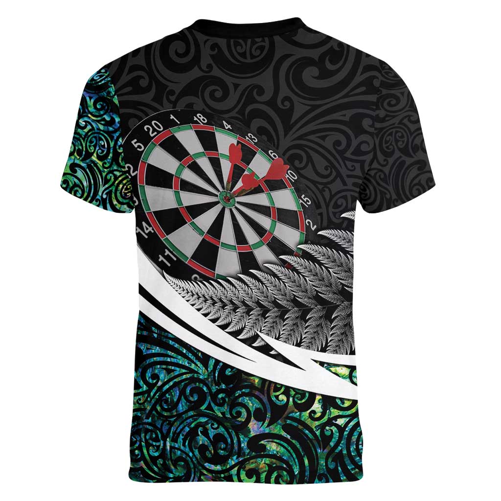 Personalized NZ Darts Women V-Neck T-Shirt Paua Shell Maori Koru Whakairo - Polynesian Pride