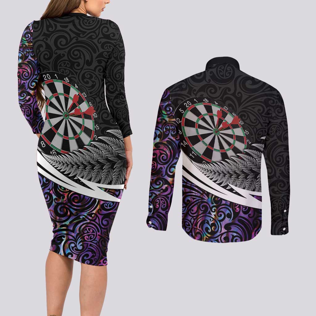 Personalized NZ Darts Couples Matching Long Sleeve Bodycon Dress and Long Sleeve Button Shirt Paua Shell Maori Koru Whakairo - Purple - Polynesian Pride