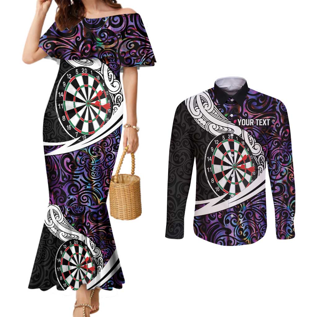 Personalized NZ Darts Couples Matching Mermaid Dress and Long Sleeve Button Shirt Paua Shell Maori Koru Whakairo - Purple - Polynesian Pride