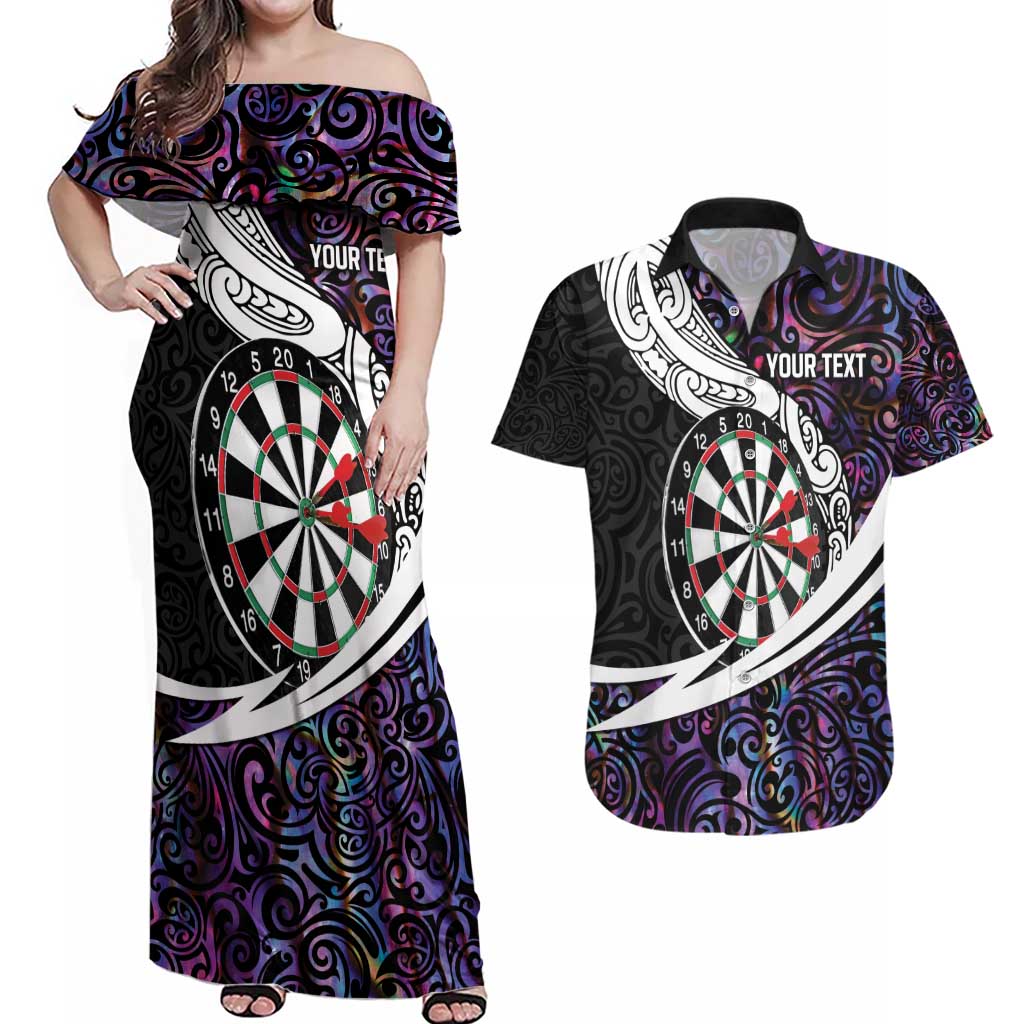 Personalized NZ Darts Couples Matching Off Shoulder Maxi Dress and Hawaiian Shirt Paua Shell Maori Koru Whakairo - Purple - Polynesian Pride