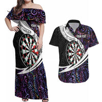 Personalized NZ Darts Couples Matching Off Shoulder Maxi Dress and Hawaiian Shirt Paua Shell Maori Koru Whakairo - Purple - Polynesian Pride