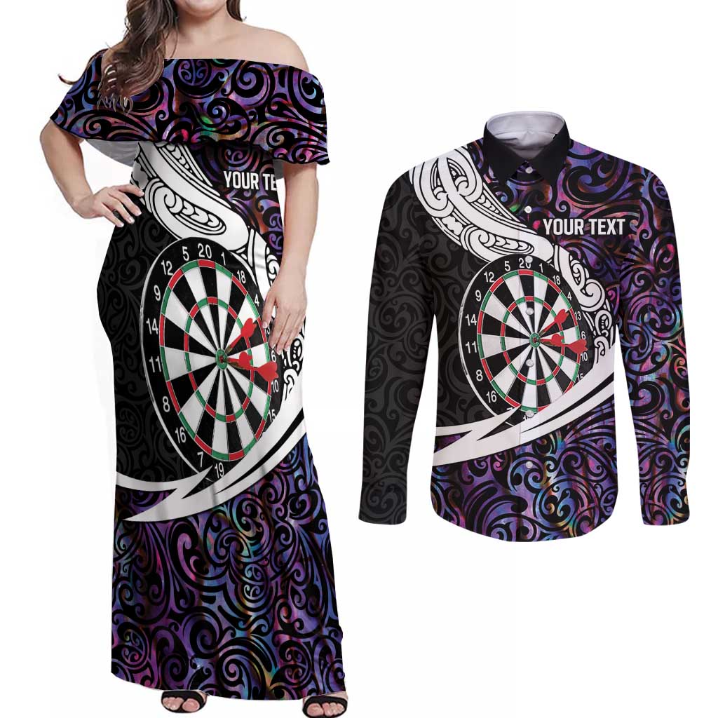 Personalized NZ Darts Couples Matching Off Shoulder Maxi Dress and Long Sleeve Button Shirt Paua Shell Maori Koru Whakairo - Purple - Polynesian Pride