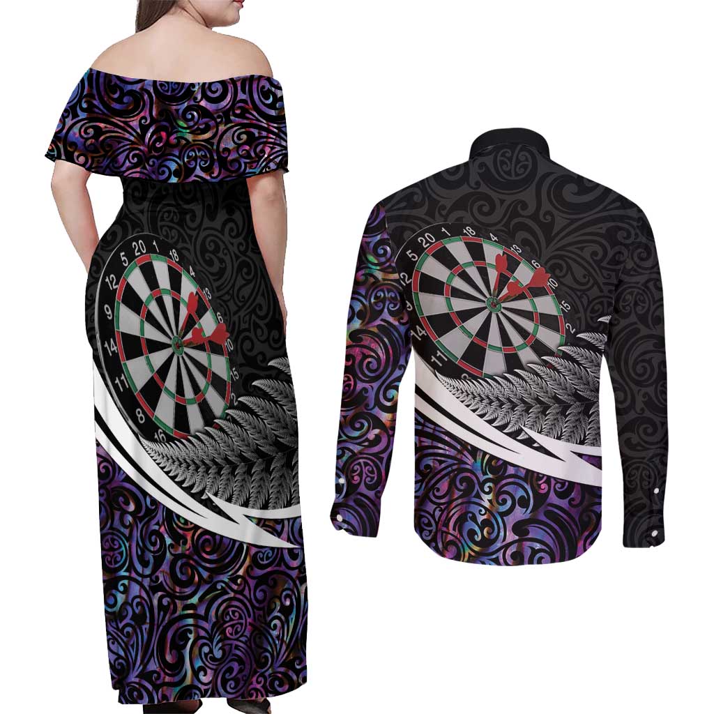 Personalized NZ Darts Couples Matching Off Shoulder Maxi Dress and Long Sleeve Button Shirt Paua Shell Maori Koru Whakairo - Purple - Polynesian Pride