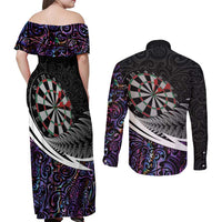 Personalized NZ Darts Couples Matching Off Shoulder Maxi Dress and Long Sleeve Button Shirt Paua Shell Maori Koru Whakairo - Purple - Polynesian Pride