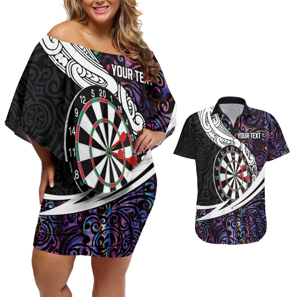 Personalized NZ Darts Couples Matching Off Shoulder Short Dress and Hawaiian Shirt Paua Shell Maori Koru Whakairo - Purple - Polynesian Pride