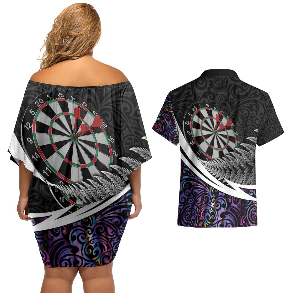 Personalized NZ Darts Couples Matching Off Shoulder Short Dress and Hawaiian Shirt Paua Shell Maori Koru Whakairo - Purple - Polynesian Pride