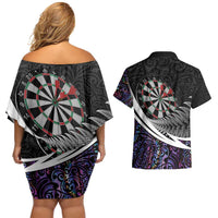 Personalized NZ Darts Couples Matching Off Shoulder Short Dress and Hawaiian Shirt Paua Shell Maori Koru Whakairo - Purple - Polynesian Pride