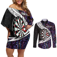 Personalized NZ Darts Couples Matching Off Shoulder Short Dress and Long Sleeve Button Shirt Paua Shell Maori Koru Whakairo - Purple - Polynesian Pride