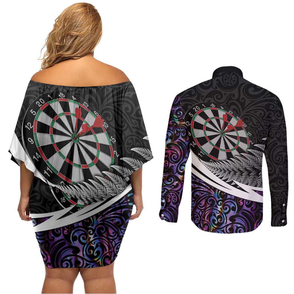 Personalized NZ Darts Couples Matching Off Shoulder Short Dress and Long Sleeve Button Shirt Paua Shell Maori Koru Whakairo - Purple - Polynesian Pride
