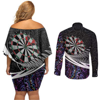 Personalized NZ Darts Couples Matching Off Shoulder Short Dress and Long Sleeve Button Shirt Paua Shell Maori Koru Whakairo - Purple - Polynesian Pride