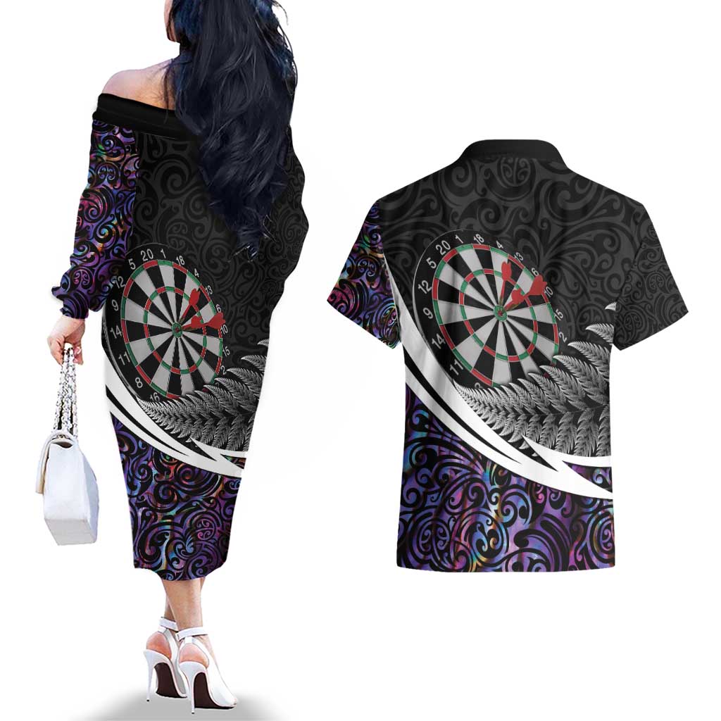 Personalized NZ Darts Couples Matching Off The Shoulder Long Sleeve Dress and Hawaiian Shirt Paua Shell Maori Koru Whakairo - Purple - Polynesian Pride