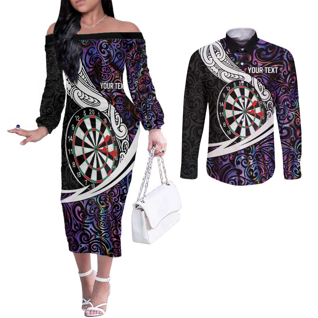 Personalized NZ Darts Couples Matching Off The Shoulder Long Sleeve Dress and Long Sleeve Button Shirt Paua Shell Maori Koru Whakairo - Purple - Polynesian Pride