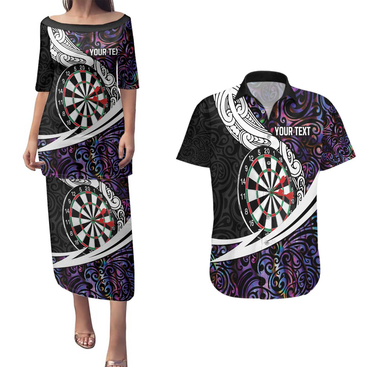 Personalized NZ Darts Couples Matching Puletasi and Hawaiian Shirt Paua Shell Maori Koru Whakairo - Purple - Polynesian Pride