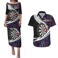 Personalized NZ Darts Couples Matching Puletasi and Hawaiian Shirt Paua Shell Maori Koru Whakairo - Purple - Polynesian Pride