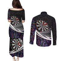 Personalized NZ Darts Couples Matching Puletasi and Long Sleeve Button Shirt Paua Shell Maori Koru Whakairo - Purple - Polynesian Pride