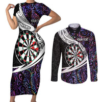 Personalized NZ Darts Couples Matching Short Sleeve Bodycon Dress and Long Sleeve Button Shirt Paua Shell Maori Koru Whakairo - Purple - Polynesian Pride