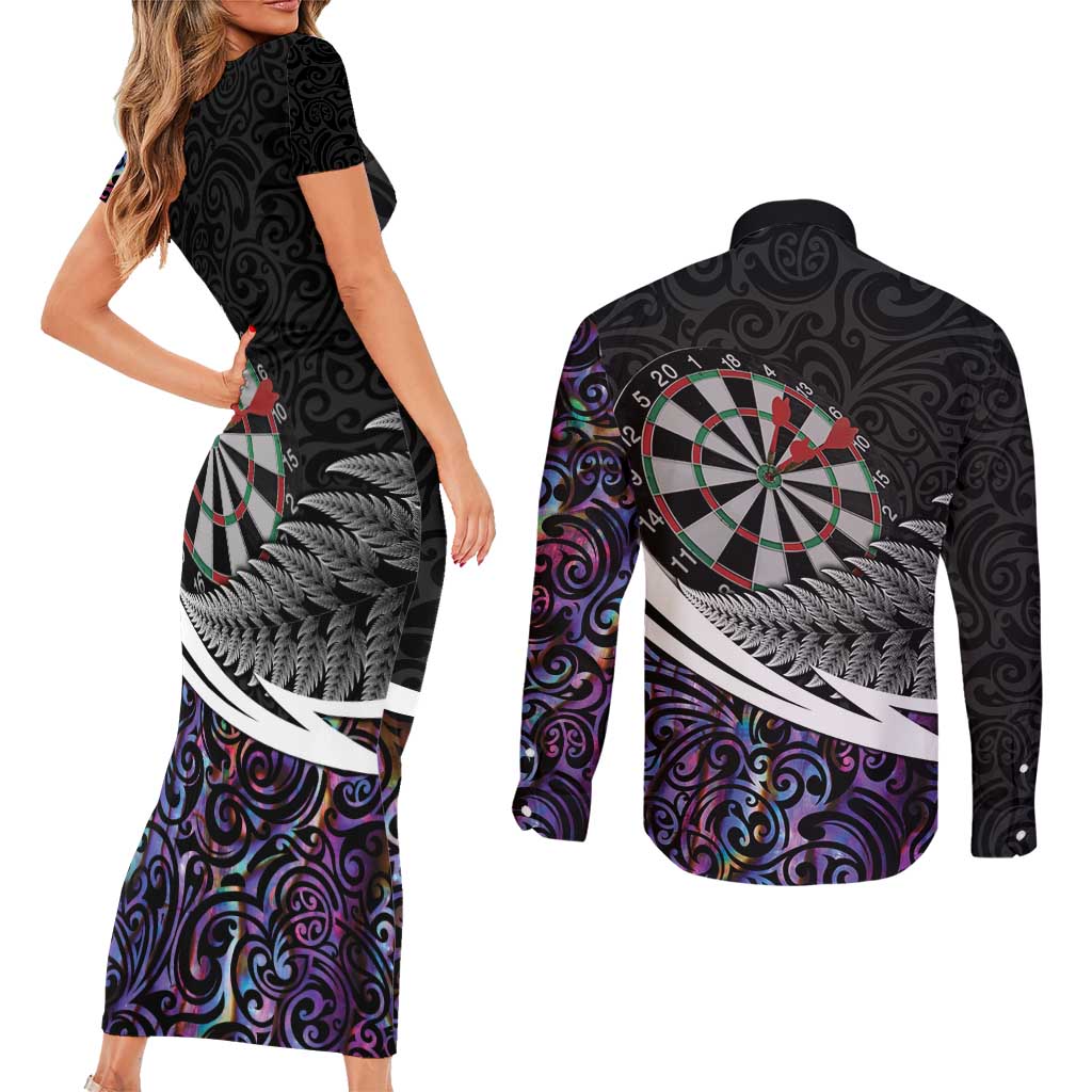Personalized NZ Darts Couples Matching Short Sleeve Bodycon Dress and Long Sleeve Button Shirt Paua Shell Maori Koru Whakairo - Purple - Polynesian Pride