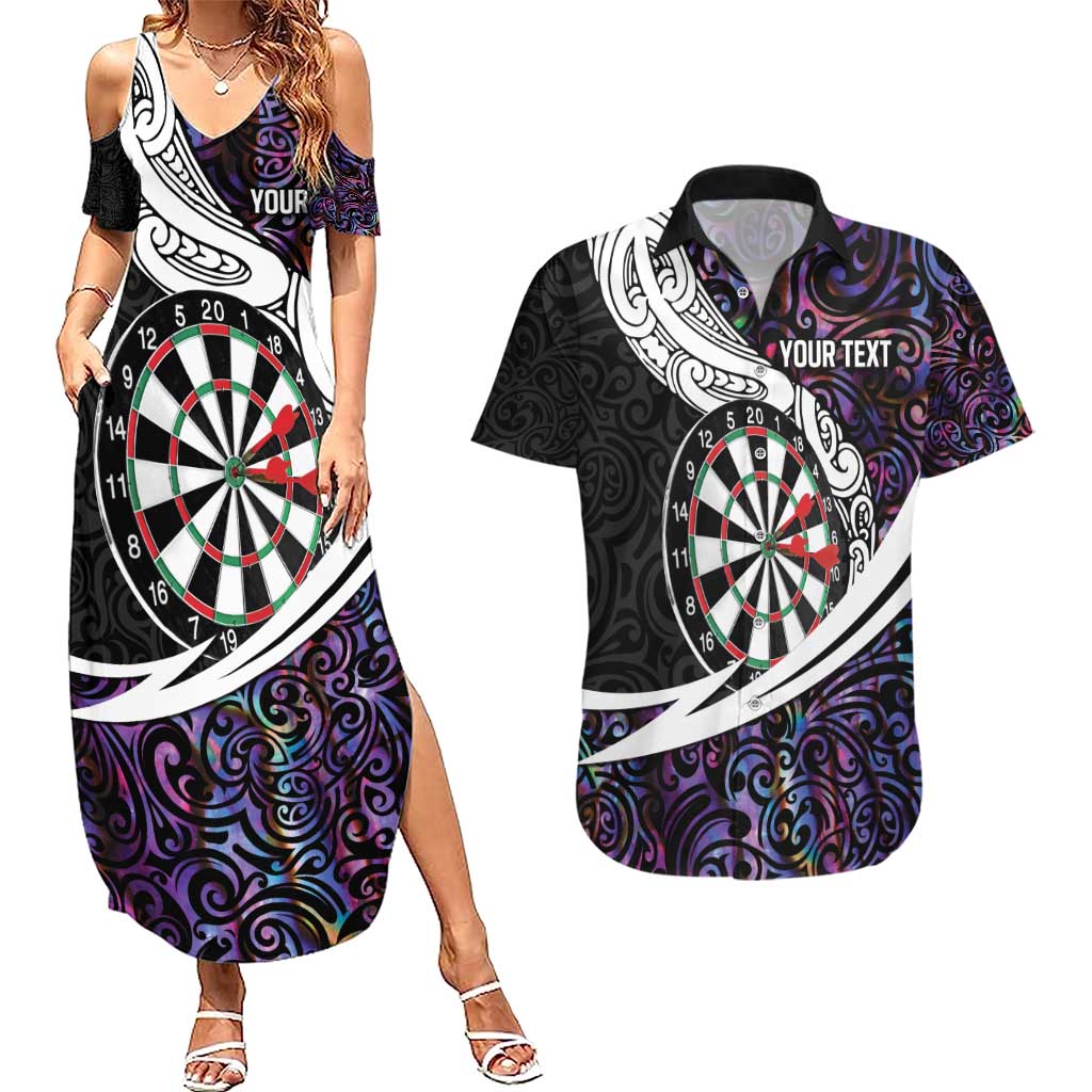 Personalized NZ Darts Couples Matching Summer Maxi Dress and Hawaiian Shirt Paua Shell Maori Koru Whakairo - Purple - Polynesian Pride