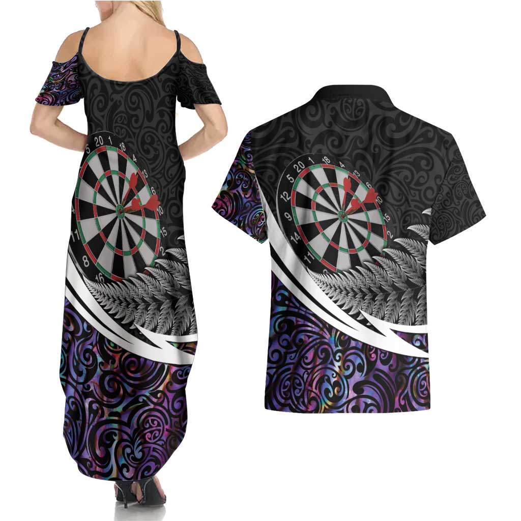 Personalized NZ Darts Couples Matching Summer Maxi Dress and Hawaiian Shirt Paua Shell Maori Koru Whakairo - Purple - Polynesian Pride