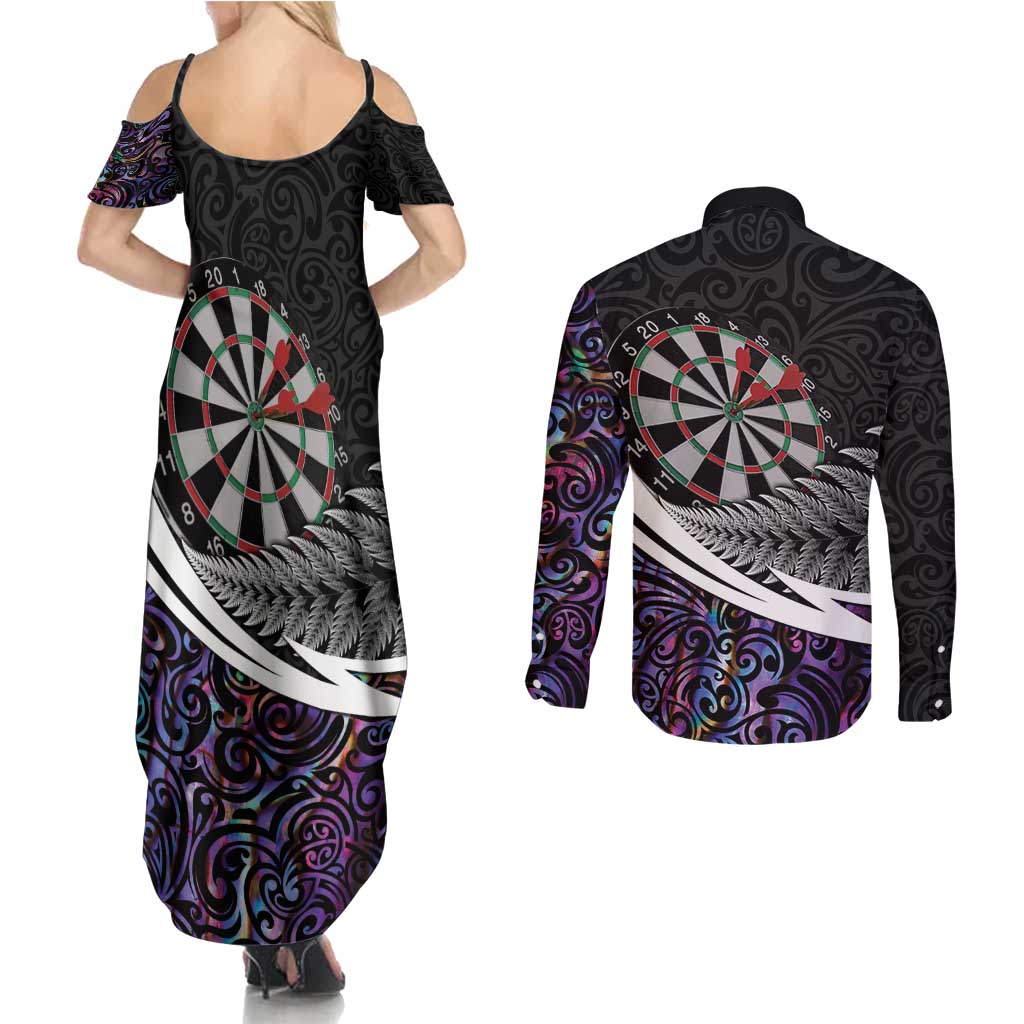 Personalized NZ Darts Couples Matching Summer Maxi Dress and Long Sleeve Button Shirt Paua Shell Maori Koru Whakairo - Purple - Polynesian Pride