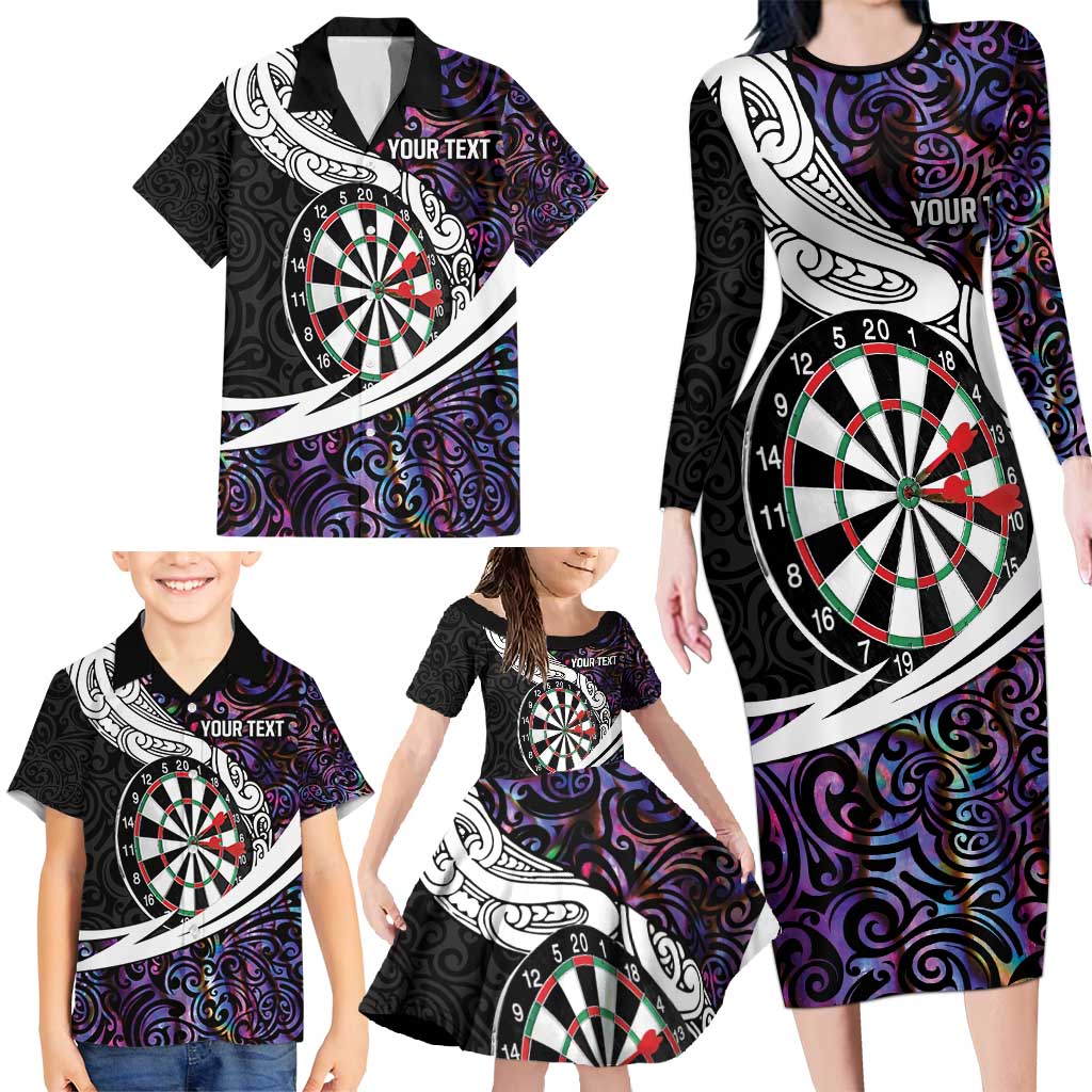 Personalized NZ Darts Family Matching Long Sleeve Bodycon Dress and Hawaiian Shirt Paua Shell Maori Koru Whakairo - Purple - Polynesian Pride