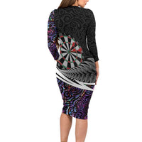 Personalized NZ Darts Family Matching Long Sleeve Bodycon Dress and Hawaiian Shirt Paua Shell Maori Koru Whakairo - Purple - Polynesian Pride
