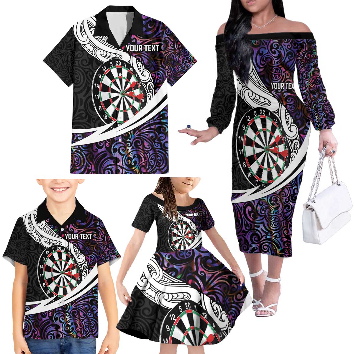 Personalized NZ Darts Family Matching Off The Shoulder Long Sleeve Dress and Hawaiian Shirt Paua Shell Maori Koru Whakairo - Purple - Polynesian Pride