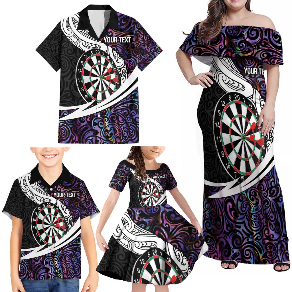 Personalized NZ Darts Family Matching Off Shoulder Maxi Dress and Hawaiian Shirt Paua Shell Maori Koru Whakairo - Purple - Polynesian Pride