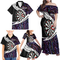 Personalized NZ Darts Family Matching Off Shoulder Maxi Dress and Hawaiian Shirt Paua Shell Maori Koru Whakairo - Purple - Polynesian Pride