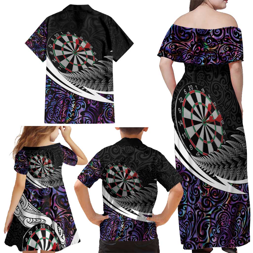 Personalized NZ Darts Family Matching Off Shoulder Maxi Dress and Hawaiian Shirt Paua Shell Maori Koru Whakairo - Purple - Polynesian Pride