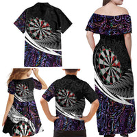 Personalized NZ Darts Family Matching Off Shoulder Maxi Dress and Hawaiian Shirt Paua Shell Maori Koru Whakairo - Purple - Polynesian Pride