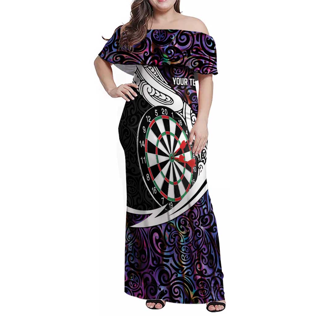 Personalized NZ Darts Family Matching Off Shoulder Maxi Dress and Hawaiian Shirt Paua Shell Maori Koru Whakairo - Purple - Polynesian Pride