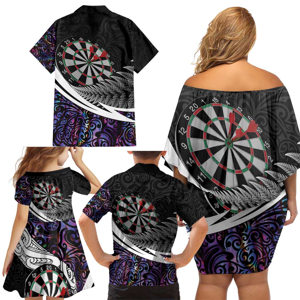 Personalized NZ Darts Family Matching Off Shoulder Short Dress and Hawaiian Shirt Paua Shell Maori Koru Whakairo - Purple - Polynesian Pride