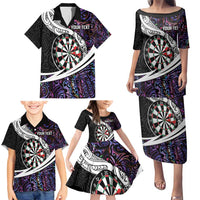 Personalized NZ Darts Family Matching Puletasi and Hawaiian Shirt Paua Shell Maori Koru Whakairo - Purple - Polynesian Pride