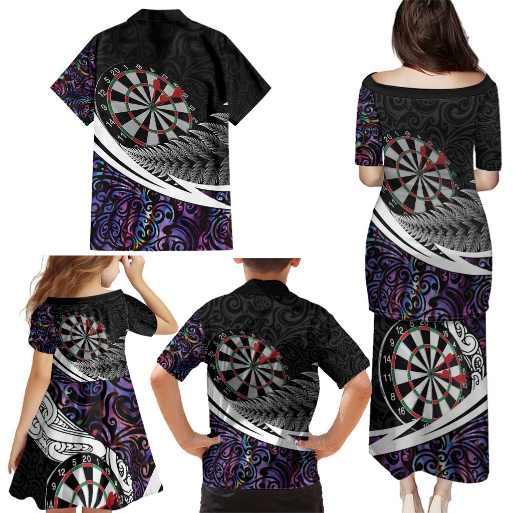 Personalized NZ Darts Family Matching Puletasi and Hawaiian Shirt Paua Shell Maori Koru Whakairo - Purple - Polynesian Pride