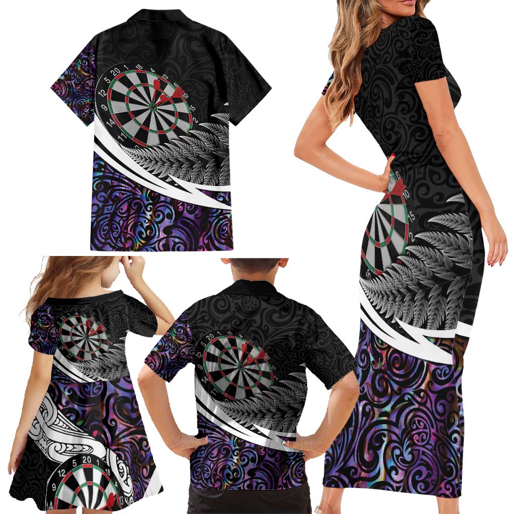 Personalized NZ Darts Family Matching Short Sleeve Bodycon Dress and Hawaiian Shirt Paua Shell Maori Koru Whakairo - Purple - Polynesian Pride