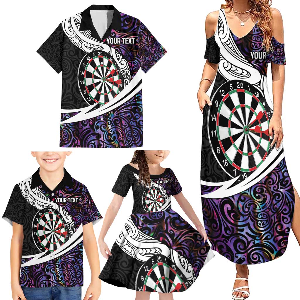 Personalized NZ Darts Family Matching Summer Maxi Dress and Hawaiian Shirt Paua Shell Maori Koru Whakairo - Purple - Polynesian Pride