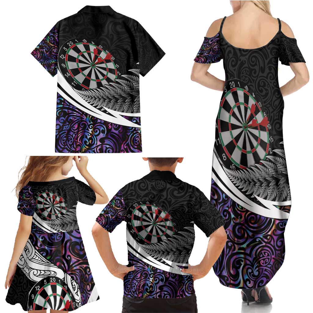 Personalized NZ Darts Family Matching Summer Maxi Dress and Hawaiian Shirt Paua Shell Maori Koru Whakairo - Purple - Polynesian Pride