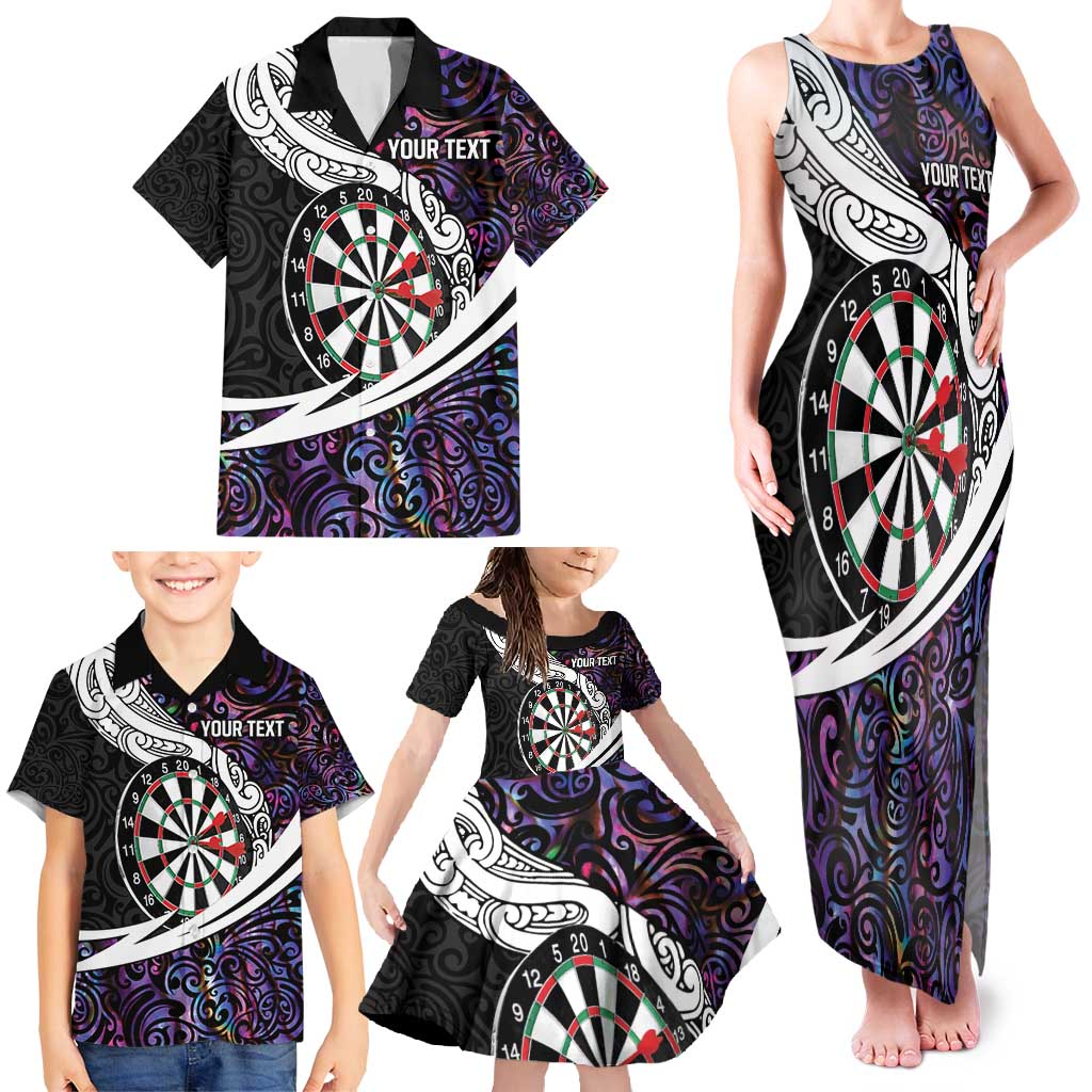 Personalized NZ Darts Family Matching Tank Maxi Dress and Hawaiian Shirt Paua Shell Maori Koru Whakairo - Purple - Polynesian Pride