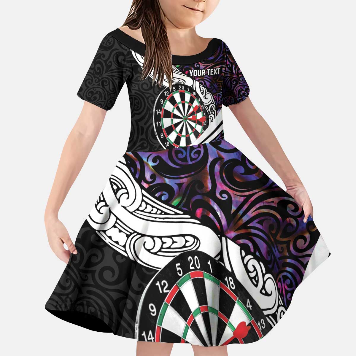 Personalized NZ Darts Kid Short Sleeve Dress Paua Shell Maori Koru Whakairo - Purple - Polynesian Pride