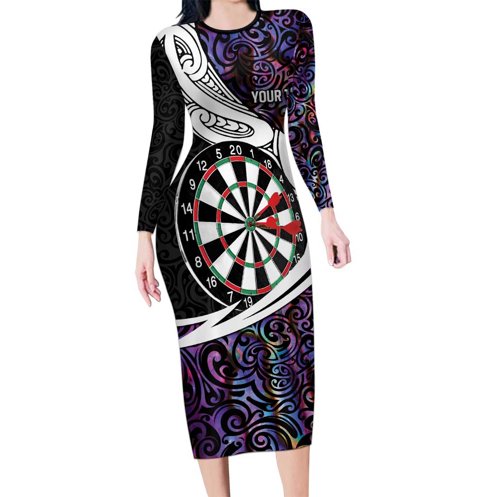 Personalized NZ Darts Long Sleeve Bodycon Dress Paua Shell Maori Koru Whakairo - Purple - Polynesian Pride