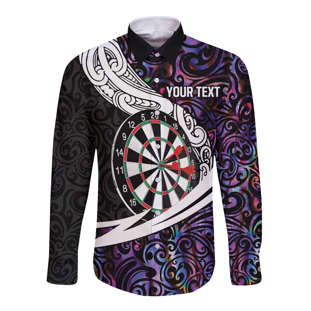 Personalized NZ Darts Long Sleeve Button Shirt Paua Shell Maori Koru Whakairo - Purple - Polynesian Pride