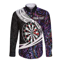 Personalized NZ Darts Long Sleeve Button Shirt Paua Shell Maori Koru Whakairo - Purple - Polynesian Pride