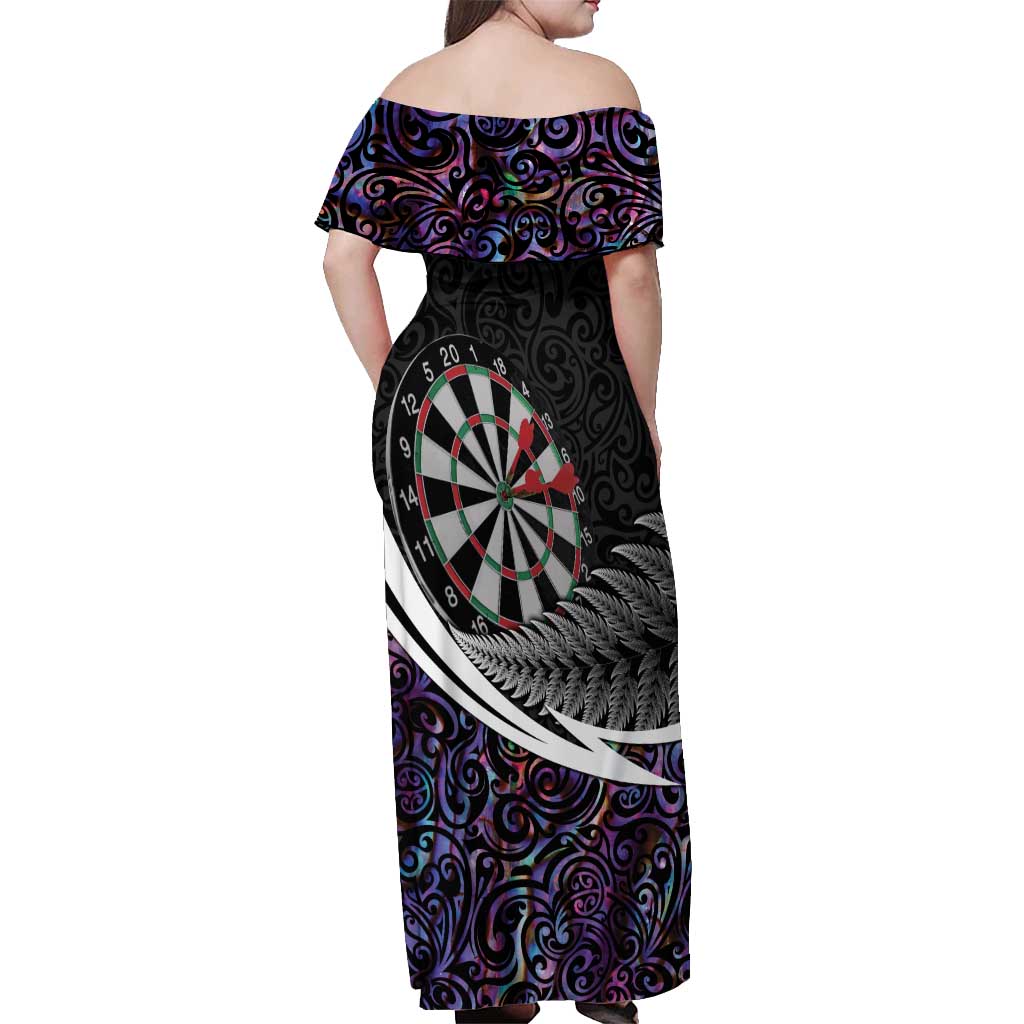 Personalized NZ Darts Off Shoulder Maxi Dress Paua Shell Maori Koru Whakairo - Purple - Polynesian Pride