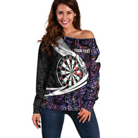 Personalized NZ Darts Off Shoulder Sweater Paua Shell Maori Koru Whakairo - Purple - Polynesian Pride