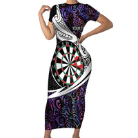 Personalized NZ Darts Short Sleeve Bodycon Dress Paua Shell Maori Koru Whakairo - Purple - Polynesian Pride
