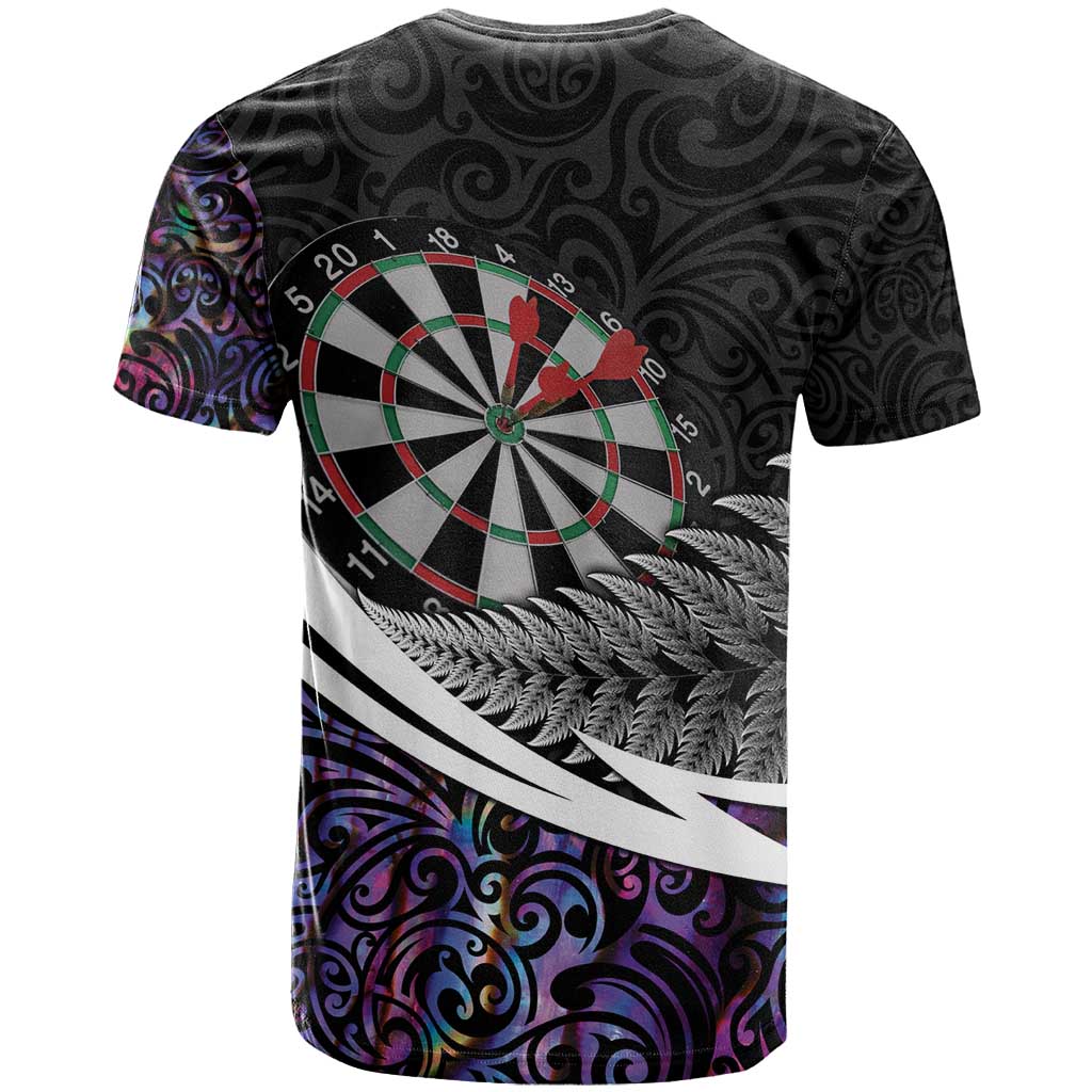 Personalized NZ Darts T Shirt Paua Shell Maori Koru Whakairo - Purple - Polynesian Pride